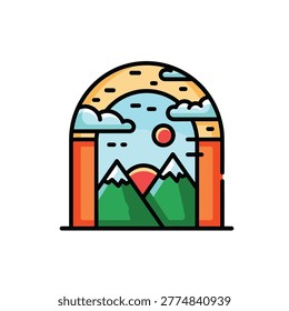 Colorful mountain landscape inside a stylized archway illustration Vector