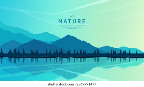 Colorful mountain landscape with mountains, lake and trees. Silhouettes of mountains are reflected in the water. Sunrise, bright clear sky. Concept of tourism, hiking. Vector illustration.