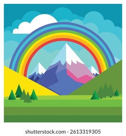 Colorful Mountain Landscape with Rainbow Vector Illustration.