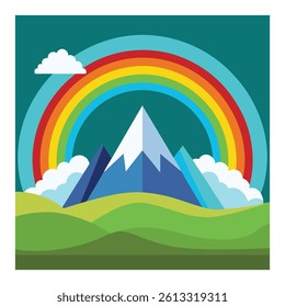 Colorful Mountain Landscape with Rainbow Vector Illustration.