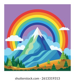 Colorful Mountain Landscape with Rainbow Vector Illustration.