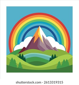 Colorful Mountain Landscape with Rainbow Vector Illustration.