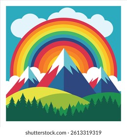 Colorful Mountain Landscape with Rainbow Vector Illustration.