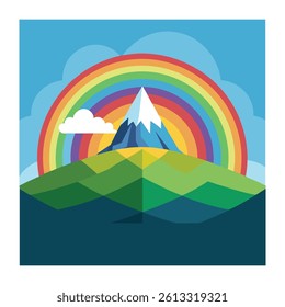 Colorful Mountain Landscape with Rainbow Vector Illustration.