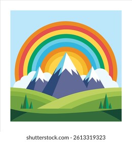 Colorful Mountain Landscape with Rainbow Vector Illustration.