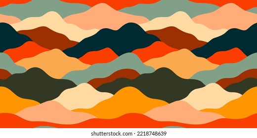 El colorido paisaje montañoso ilustra perfectamente el patrón. Resumen de la huella de fondo de la naturaleza de las colinas en colores vintage. Panorámico fondo de viaje, concepto de textura exterior multicolor.