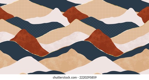 Colorful mountain landscape seamless pattern illustration. Abstract hill nature background print in vintage colors. Panoramic travel backdrop, multicolor outdoor texture concept.