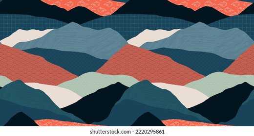 Colorful mountain landscape seamless pattern illustration. Abstract hill nature background print in vintage colors. Panoramic travel backdrop, multicolor outdoor texture concept.