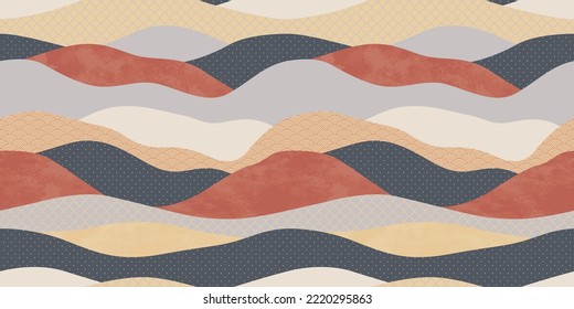 El colorido paisaje montañoso ilustra perfectamente el patrón. Resumen de la huella de fondo de la naturaleza de las colinas en colores vintage. Panorámico fondo de viaje, concepto de textura exterior multicolor.