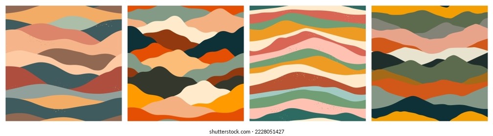 Colorful mountain landscape seamless pattern set. Abstract hill nature background collection in vintage colors. Panoramic travel backdrop print, multicolor outdoor texture illustration.