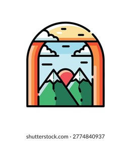 Colorful mountain landscape seen through an archway with stripes Vector