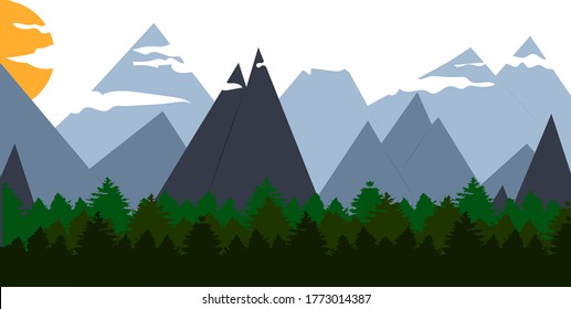 Colorful mountain landscape. Sun and clouds above the mountains. Vector illustration.