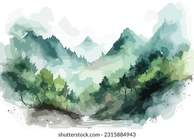 Colorful mountain landscape watercolor style isolated on white background. Snowy mountain peak with a lake and fir trees. Watercolor mountain landscape. Ideal for postcard, book, poster, banner.Vector