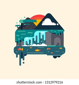 Colorful mountain landscape with waterfall. Flat design.