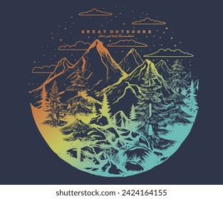 Colorful mountain national park. Adventure at the mountain graphic artwork for t shirt and others. Life is great. Explore more. Mountain with tree vintage print design. Mountain with sunset and river.