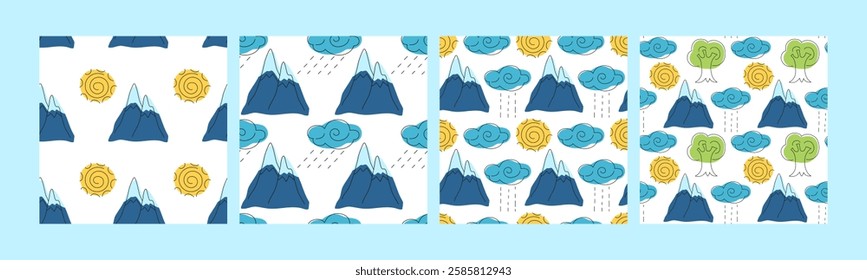 Colorful mountain and nature patterns displayed on a light blue background