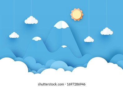 Colorful mountain paper cut style background vector illustration