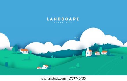 Colorful mountain paper cut style background.village. landscape with house and trees. vector illustration