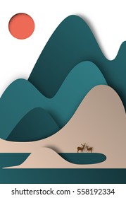 Colorful Mountain Paper Cut Style Background Vector Illustration