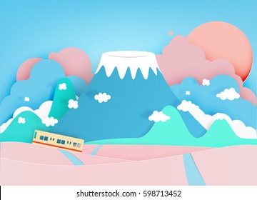 Colorful mountain paper cut style background vector illustration