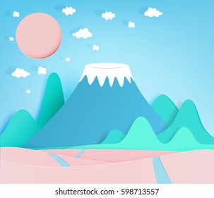 Colorful mountain paper cut style background vector illustration