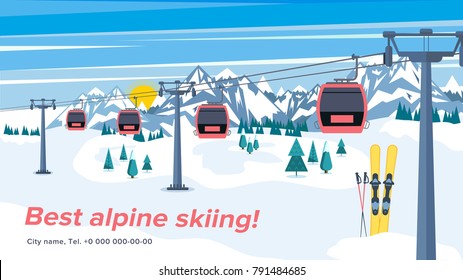 Colorful mountain ski resort background illustration. Bright layout with lift or gondola on winter alpine landscape.