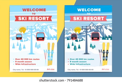 Colorful mountain ski resort background illustration. Bright layout with lift or gondola on winter alpine landscape for poster, flyer, banner.