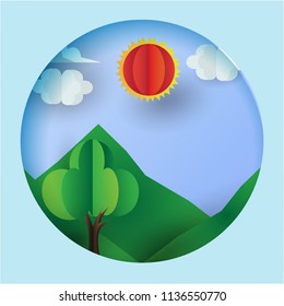 Colorful mountain and sun paper cut style. Vector illustration of a mountain landscape in a paper-cut style