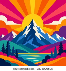 Colorful mountain sunrise vector landscape with lake and forest scenery.