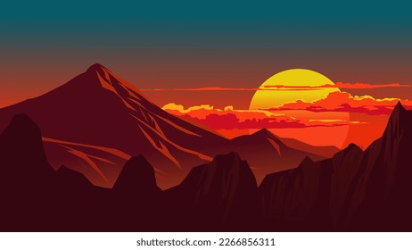 Colorful mountain sunset landscape. Vector nature illustration