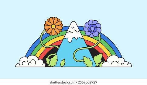 Colorful mountain surrounded by flowers and a rainbow cloudy in cartoon hand drawn illustration vector for children's content or designs related to nature and positivity