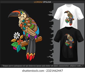 Colorful mountain toucan bird mandala arts isolated on black and white t shirt.