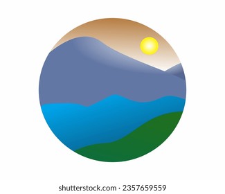 colorful mountain view icon logo, with sun and river illustration