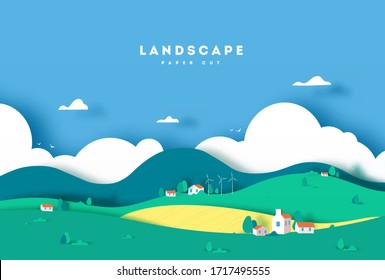 Colorful mountain and village paper cut style background. Farm with house, clouds and trees. vector illustration.