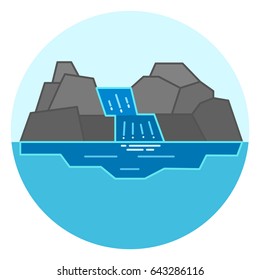 Colorful mountain waterfall icon, flat waterfall symbol