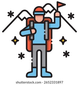 Colorful Mountaineer Icon with Backpack and Flag, Mountain Peaks