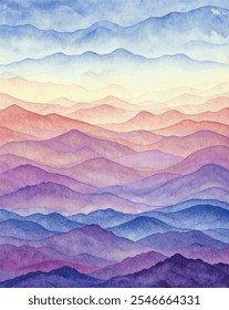 Colorful mountains in distance, hills silhouettes on horizon, foggy, misty landscape, watercolor background, pink purple orange, sunset .