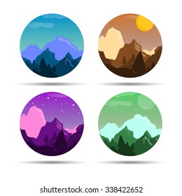 Colorful Mountains Icons Set. Different landscape and weather kind. Template for cover, poster, business or web works.