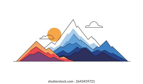 Colorful Mountains Landscape at Sunset in Nature with Sun and Clouds in Sky