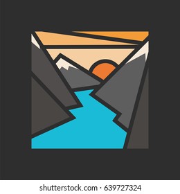 Colorful mountains and river landscape. Vector icon on black background.