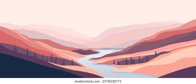 Colorful mountains and river. Mountain landscape in soft colors and a river in the background. Foggy landscape in pink tones. River valley. Vector illustration of abstract nature.