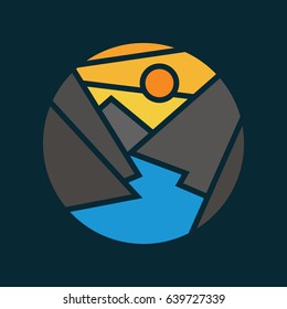 Colorful mountains and river vector icon on black background.