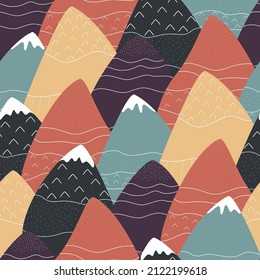 colorful mountains with snowy peaks scandinavian style seamless pattern. trendy design for packaging, textile, merch production, wallpaper and more