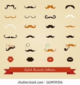 Colorful Moustache and Lips Icon Set. Vector Illustration