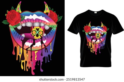 Colorful mouth and skull t shirt design and templates
