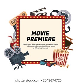 A colorful movie premiere themed frame featuring film reels, a camera, popcorn, 3D glasses, cinema tickets, and a soda. The center is blank for text.