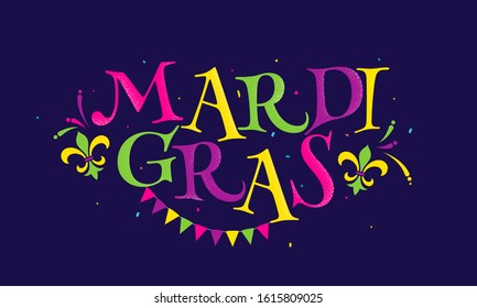 Colorful Mradi Gras Text with Fleur-De-Lis Symbol, Confetti and Bunting Flag Decorated on Purple Background.