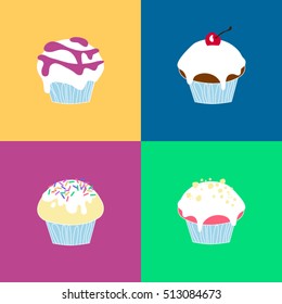 Colorful muffin vector collection on bright background. You can use them separately and as a pattern