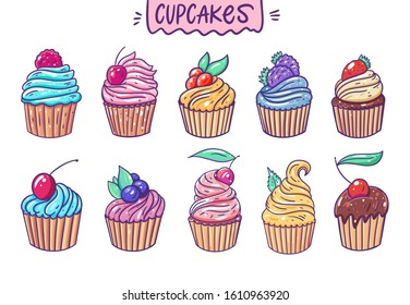 Colorful muffins set. Vector illustration. Cartoon style.