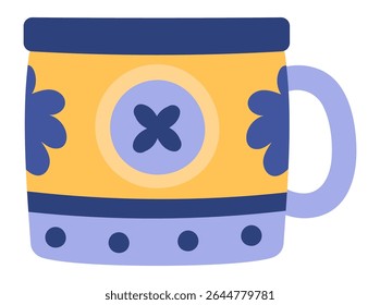 Colorful mug featuring a vibrant yellow body adorned with blue accents and a stylized floral pattern, ideal for savoring warm beverages like coffee or tea in a cozy setting